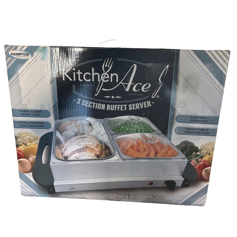 3 Section Buffet Server Warmer Kitchen Ace 14” X 14” w/ Lids Brand New